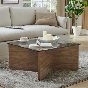KWPZQEB 31-Inch Glass Coffee Table, Mid-Century Modern Coffee Table with Glass Top, Wooden Center Cocktail Table for Living Room, Walnut - 1 of 4