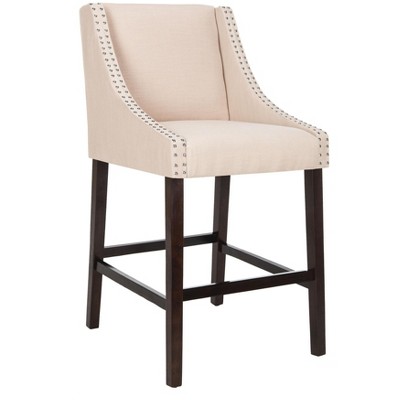 Beige Linen and Espresso Wood Bar Stool
