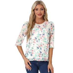 INSPIRE CHIC Women's Round Neck Ruffle 3/4 Sleeve Floral Print Chiffon Blouse - 1 of 4