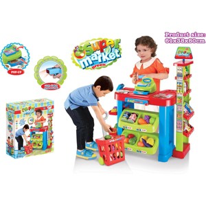 JuzToys Kids Grocery Store Toy with Light and Sound – Pretend Play Cash Register with Scanner, Grocery Cart, Play Food & Money - 1 of 4