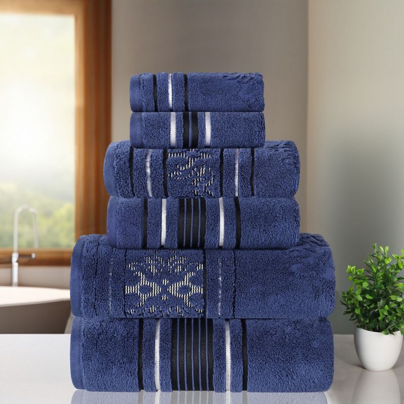 Zero Twist Cotton Solid and Floral Jacquard 6 Piece Bathroom Towel Set by Blue Nile Mills, 2 of 13