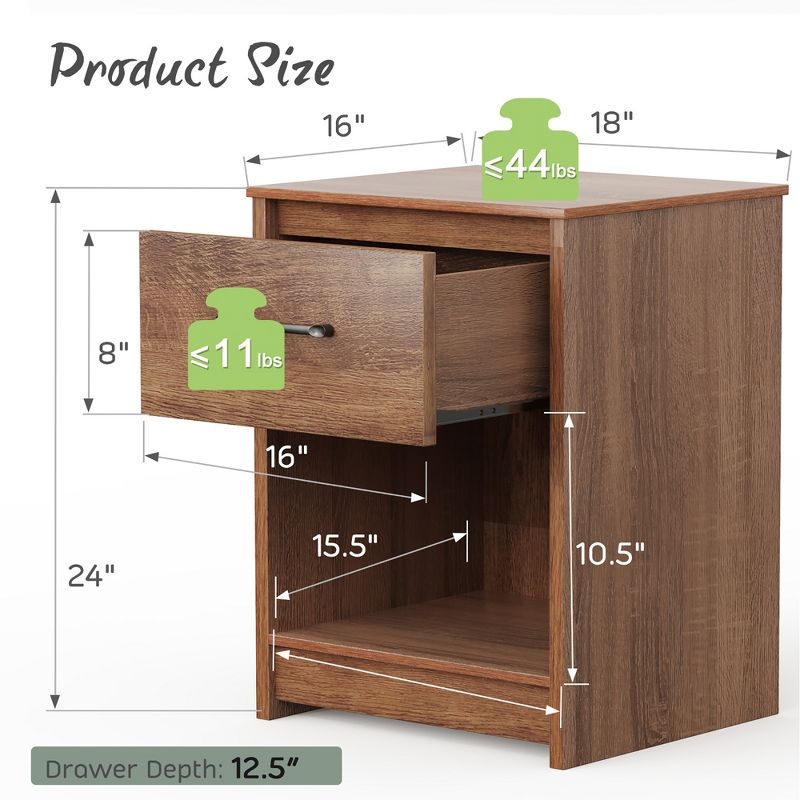 Costway Nightstand with Drawer Storage Shelf Wooden End Side Table Bedroom Brown / Black / Natural, 4 of 11