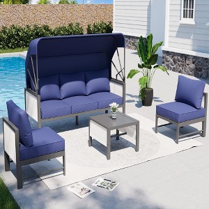 COWLOWN 4 Piece Blue Aluminum Patio Sectional Set with Retractable Canopy and Coffee Table, Modern Outdoor Furniture for Balcony, Porch, Lawn & Yard - 1 of 4