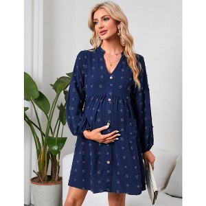 Maternity Swiss Dot Dress V Neck Long Sleeve Button Down Mini Dress Baby Shower Photoshoot with Pockets - 1 of 4