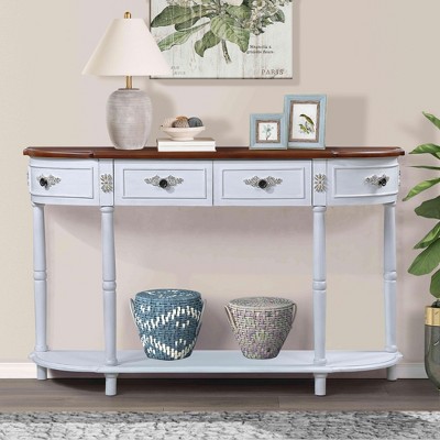 VYNXARIA Retro Curved Wood Console Table,52 inch Circular Half Moon Sofa Table with Open Shelf and 2 Drawers