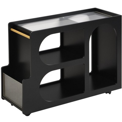 CLIHOME Mobile End Table with Lockable Wheels, Narrow Coffee Table Nightstand with Fluted Tempered Glass
