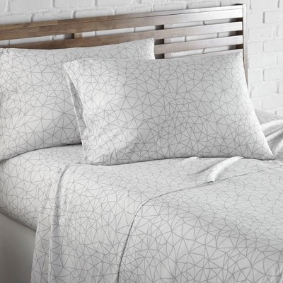 White-Grey Geometric Print Microfiber Queen Sheet Set