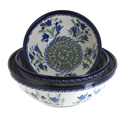 Blue Rose Polish Pottery Blue Tulip 3 Piece Serving Bowl Set