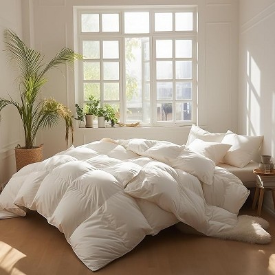 BAFODE Twin Size Goose Feather Down Comforter - 100% Cotton Duvet Cover - White Fluffy Blanket - Lightweight Down Comforter