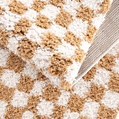 Kieu Mustard and Ivory Checkered Shag Runner Rug