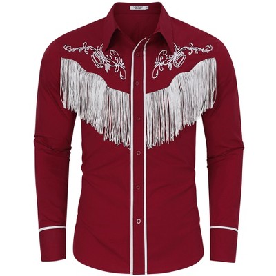 Men's Cowboy Costume Western Long Sleeve Casual Fringe Hippie Slim Fit Button Down Shirt