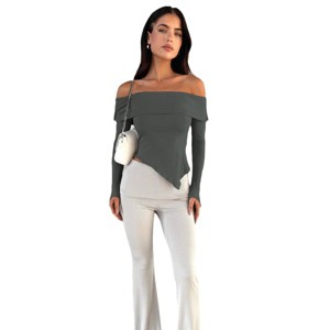 Women's Blouse Off-Shoulder Ribbed Long Sleeve Top Asymmetric Hem Shirt - 1 of 4