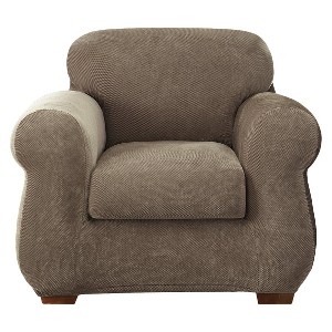 2pc Stretch Pique Chair Slipcovers Taupe - Sure Fit: Modern Box Cushion, Machine Washable, Zipper Closure - 1 of 3