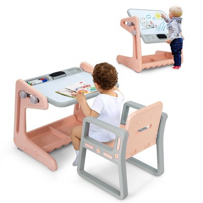 Costway 2 in 1 Kids Easel Table & Chair Set Adjustable Art Painting Board Gray/Blue/Light Pink
