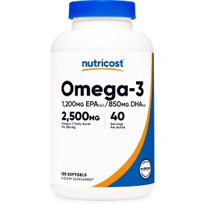 Nutricost Omega 3 Fish Oil (2500MG) 120 Softgels - Fish Oil, Wild Caught! 1200mg EPA 850mg DHA, GMO-Free, Gluten Free, 40 Servings - 1 of 4