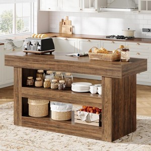 Tribesigns 55" Kitchen Island, 3-Tier Stationary Island Table with Large Countertop, Wooden Coffee Bar Table Storage Cabinet for Dining Room - 1 of 4
