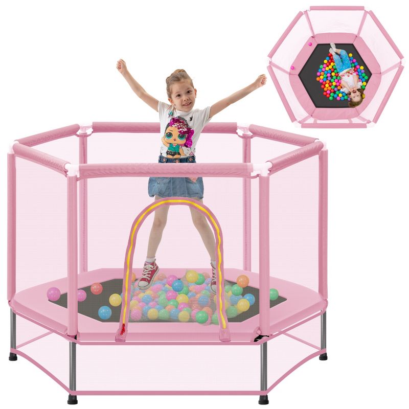 4.58FT Toddlers Indoor Outdoor Mini Trampoline with Safety Enclosure Net and Balls - ModernLuxe, 2 of 12