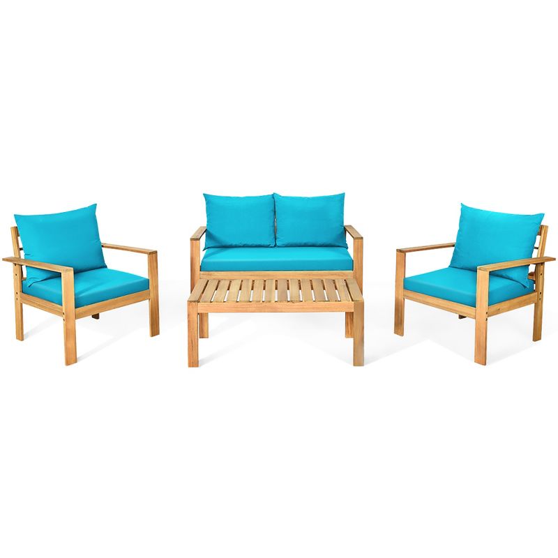 Costway 4PCS Patio Furniture Set Acacia Wood Thick Cushion Loveseat Sofa Off White\Turquoise\Grey, 3 of 15