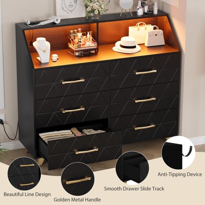 6 Drawer Dresser, Lighted Chest of Drawer, Wooden Dresser with Metal Legs and Handles, Slim Storage Organizer for Bedrooms,