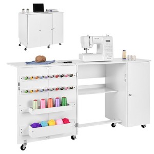 Folding Sewing Table with Cabinet, Wheels, Wooden Pegs, Storage Trays & Shelf, Magnetic Door, Craft Station & Side Desk, White - 1 of 4