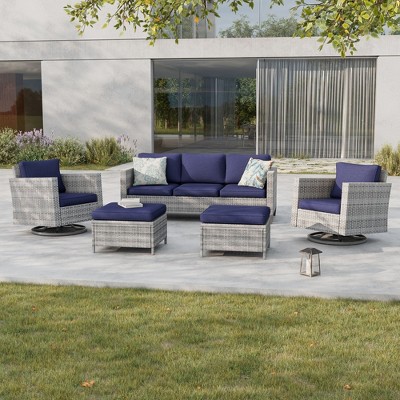 Sonkuki 5-Piece Patio Conversation Set with Swivel Rocking Chair, Navy Blue Cushion