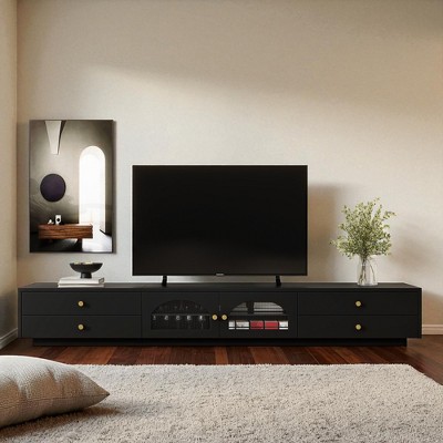 Luxurious TV Stand with Fluted Glass Doors, Elegant Media Console for TVs Up to 95'', Tempered Glass Shelf Cabinet with Storage