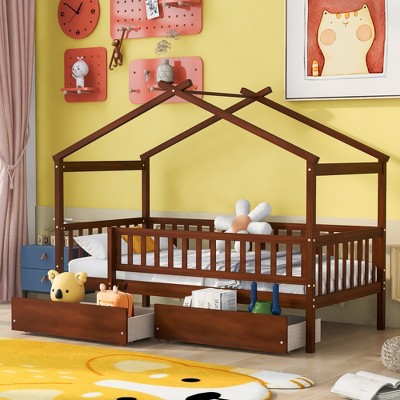 ALEXOUN Twin Size Kids Wooden Tent Bed with 2 Storage Drawers and Rails and Roof,for Kids Teens Girls & Boys,No Box Spring Needed
