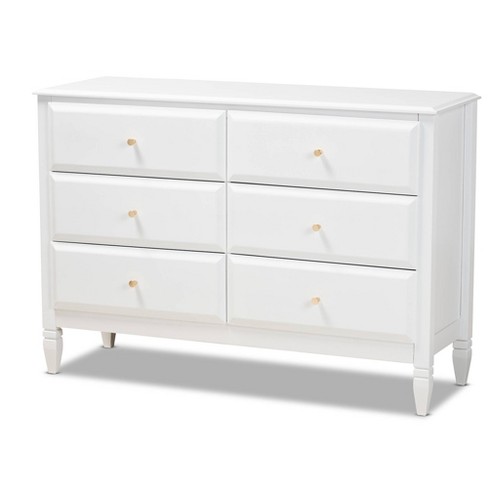 6 Drawer Naomi Wood Bedroom Dresser White gold Baxton Studio