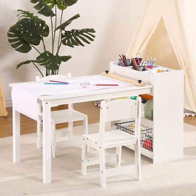 Kids Art Table w/2 Chairs, Toddler Craft Play Wood Activity Desk with Large Storage Shelves for Writing Drawing,Nursery, Children's Wooden Furniture