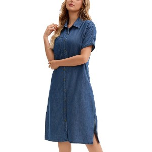 INSPIRE CHIC Women's Midi Denim Summer Short Sleeve Button Down Casual Long Tunic Jean Shirt Dress - 1 of 4