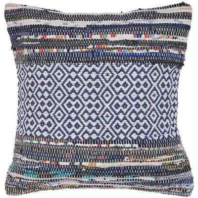 HomeRoots 18" X 18" Blue White Red And Yellow 100% Cotton Striped Zippered Pillow