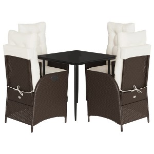 vidaXL 5 Piece Patio Dining Set with Cushions - Brown Reclining Poly Rattan Outdoor Garden Dining Furniture - Adjustable Backrest - 1 of 4