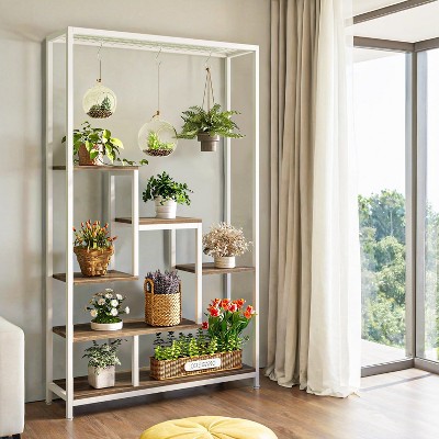 Resenkos Plant Stand,Flower Pot Holder Shelf Planter Display Shelving Unit,70.9" Plant Stand, Large Flower Bonsai Shelf with 6 S Hanging Hooks,Rustic
