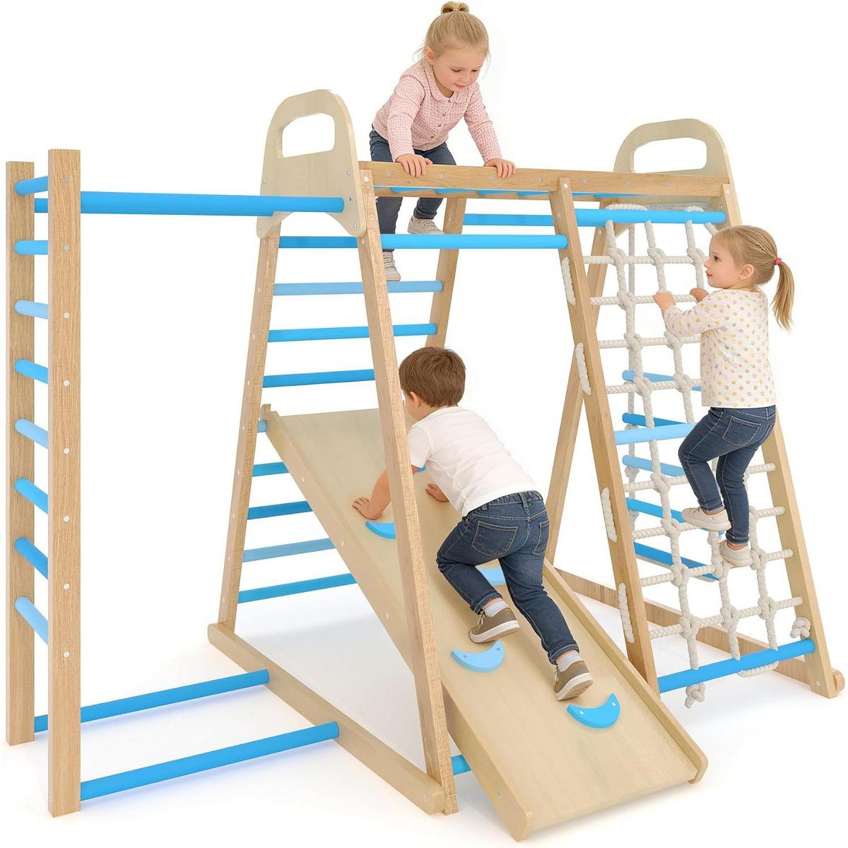 7-in-1 Wooden Climbing Gym for Toddlers. Indoor Playground with Slide. Monkey Bars. Climbing Net. Ladder. FSC Certified. for Kid 1-6 Years