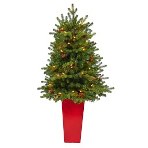 Nearly Natural 3.5-ft Yukon Mountain Fir Artificial Christmas Tree with 50 Clear Lights and Pine Cones in Red Planter - 1 of 4