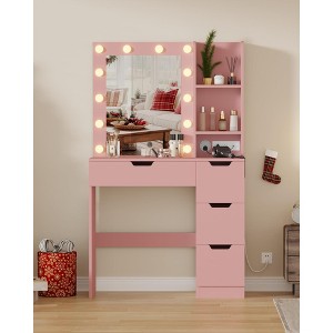 Makeup Vanity Desk with Mirror and Lights, 35"W Large Dressing Table with 4 Drawers & Open Storage, Modern Makeup Vanity Table for Bedroom - 1 of 4