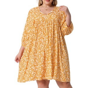 Agnes Orinda Women's Plus Size V Neck Drawstring 3/4 Sleeve Summer Flowy A Line Midi Babydoll Dresses - 1 of 4