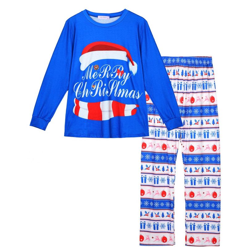 cheibear Christmas Cute Letters Print Long Sleeve Tee with Pants Loungewear Family Pajama Sets Blue, 2 of 5