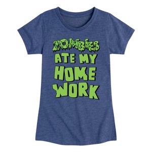 Girls' - Instant Message - Zombies Ate My Homework Fitted Short Sleeve Graphic T-Shirt - 1 of 4
