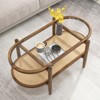 Tangkula 2-Tier Acacia Wood Coffee Table Mid-Century Modern Rectangular Center Table with Glass Tabletop and Imitation Rattan Storage Shelf - 3 of 4