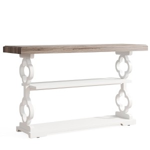 Gulches French Country Console Table, 3 Storage Shelves, Floral Carved, Grey & White, 55" - 1 of 4