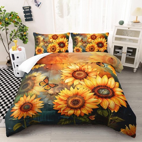 Acoinel Vibrant Sunflower & Butterfly Comforter Set - All Season Bedding with 2 Pillowcases,Queen