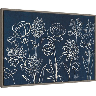 Indigo Floral Abstract Botanical Canvas Print with Gray Wash Frame