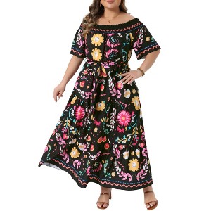 Women's Plus Size Floral Elastic Tiered Square Neck Off Shoulder Short Sleeve Casual A-Line Maxi Dresses with Belt - Agnes Orinda - 1 of 4