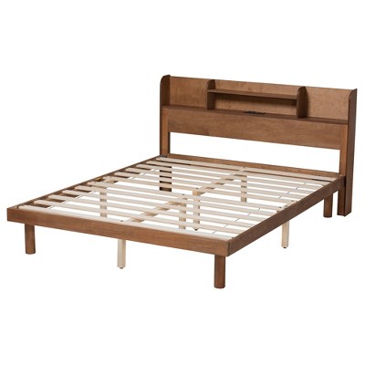 Walnut Brown Wood Full Platform Bed with Shelves and USB Ports