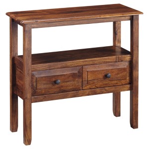 Signature Design by Ashley Abbonto Side Table Warm Brown: Solid Acacia, Dual Drawers, Open Shelf - 1 of 4
