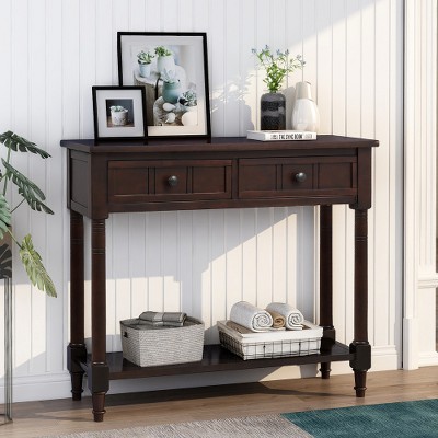 Aoxun Vintage Espresso Console Table with 2 Drawers & Shelf. Solid pine wood, compact design, perfect for entryway, living room, or study.