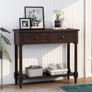 Aoxun Vintage Espresso Console Table with 2 Drawers & Shelf. Solid pine wood, compact design, perfect for entryway, living room, or study. - 1 of 3