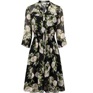 Hobemty Women's V-Neck 3/4 Sleeve Tie Waist Button-Down Floral Chiffon Dress - 1 of 4