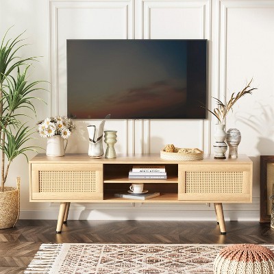 Angel Sar Rattan TV Stand for TVs up to 60 inches, Boho Media Entertainment Center with 2 Movable Doors
